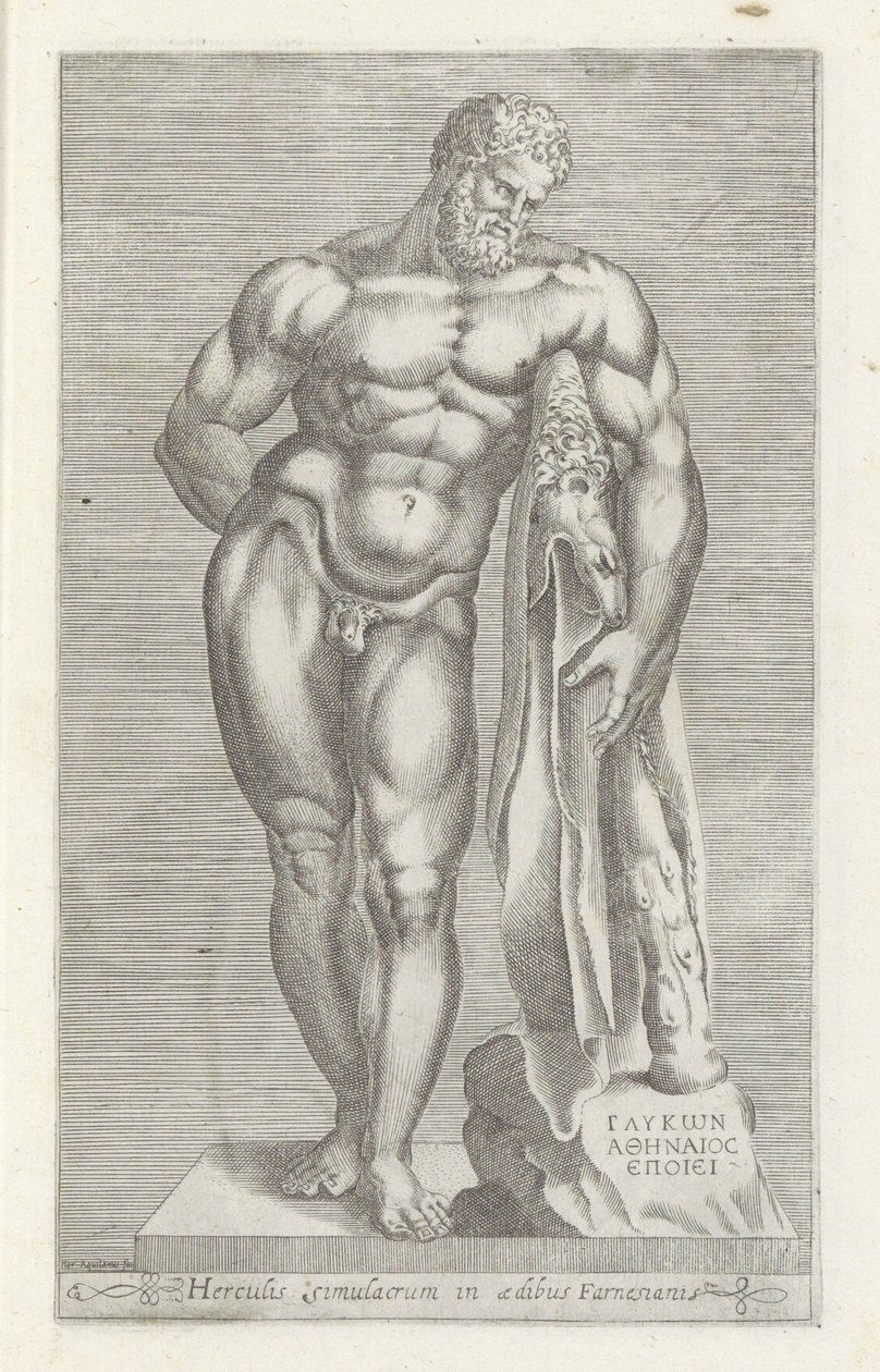 Rzeźba Herkulesa Herkules Farnese Posąg Herkulesa w pałacu Farnezyjczyków (tytuł na obiekcie) Rzeźby antyczne w Rzymie (tytuł serii) Ikony starożytnych posągów miasta Rzymu, które można zobaczyć w miejscach publicznych (tytuł serii) autorstwa Unknown