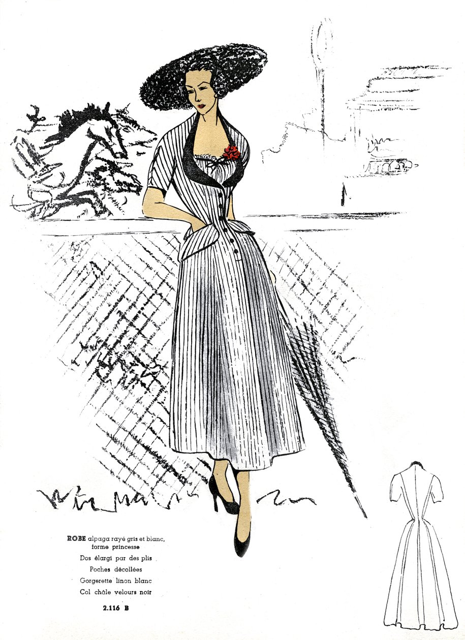 Francuska moda, sukienka z alpaki w paski. autorstwa Unknown artist