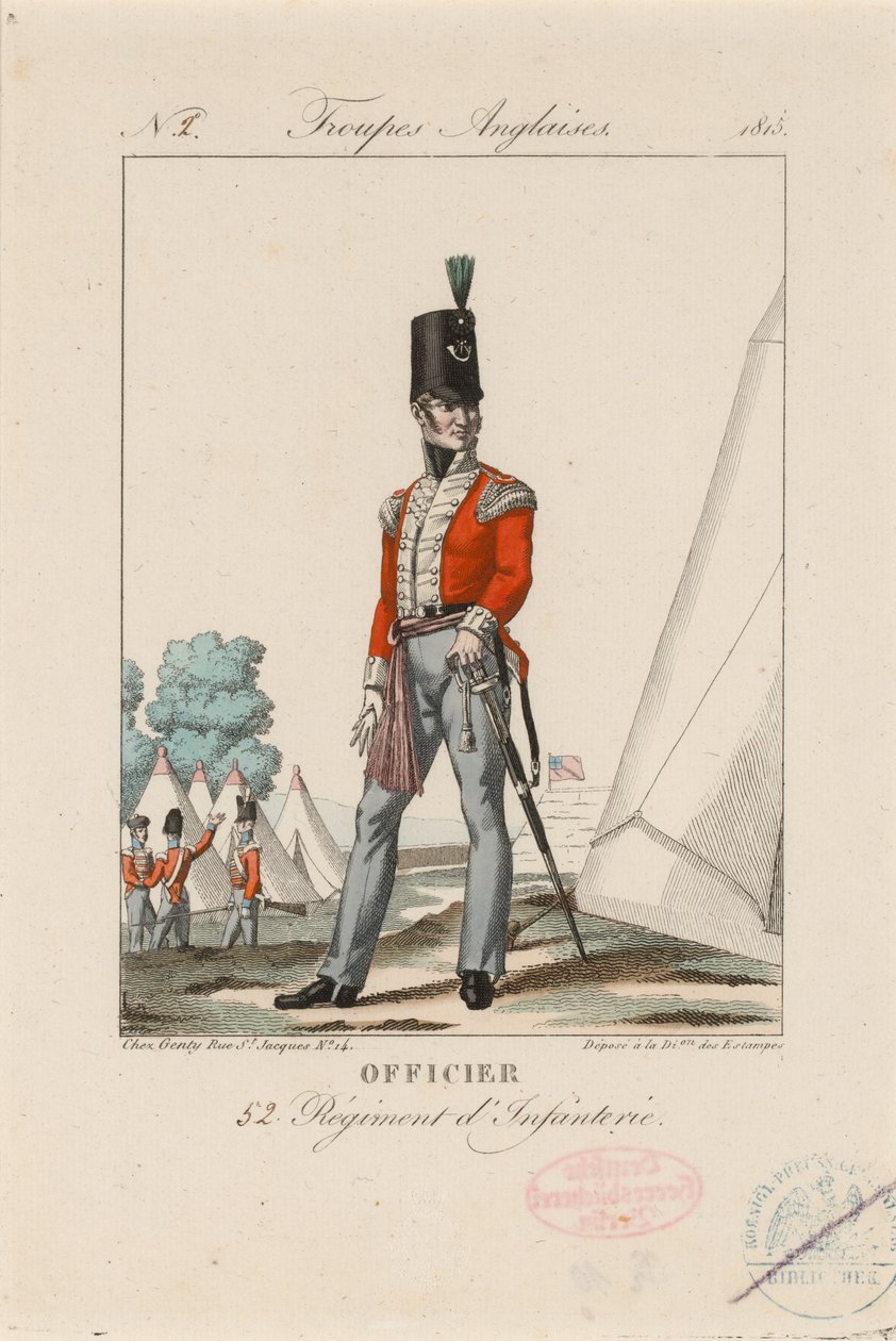 Officier 52 Regiment d’Infanterie’, c.1815 (kolorowy grawerunek) autorstwa Unknown artist