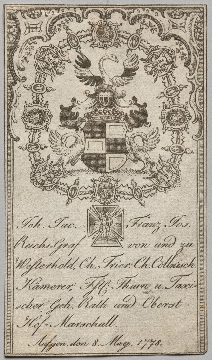 Ekslibris: Johan. Jakub Franciszek Józef, cesarski hrabia Westerhold autorstwa Unknown artist