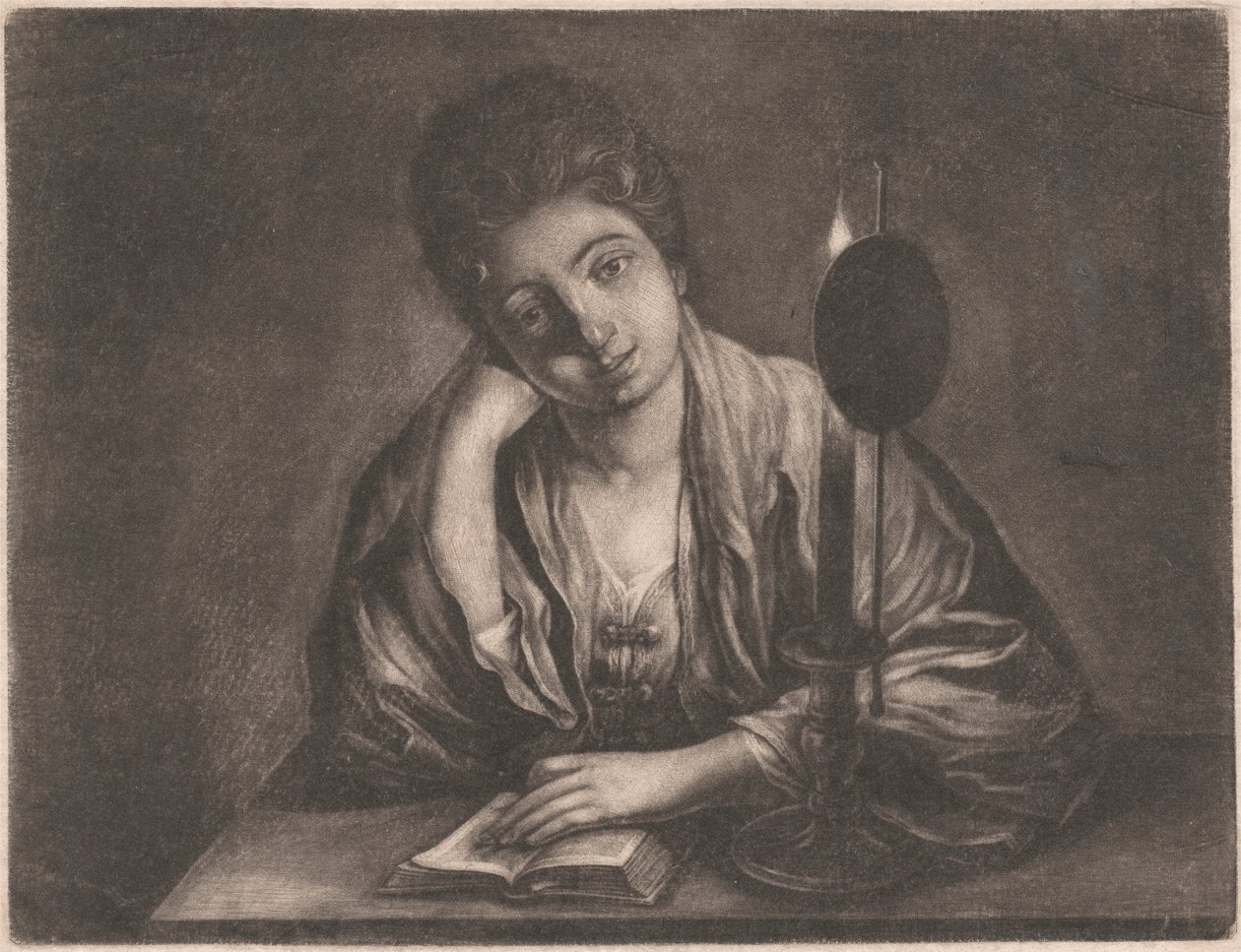 Dziewczyna czytająca przy świecach autorstwa Unknown artist