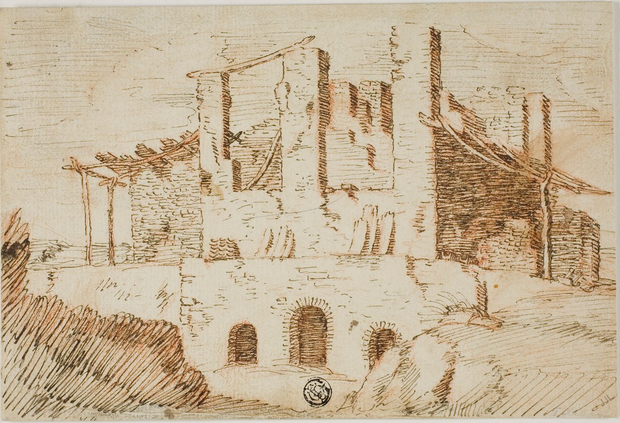 Ruiny z szopą na farmę autorstwa Unknown artist