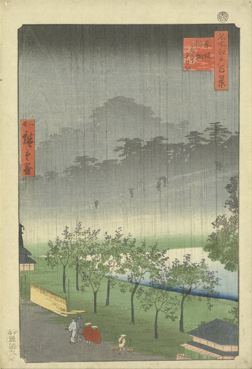 Plantacja Paulownia w Akasaka w wieczorny deszcz autorstwa Utagawa Hiroshige