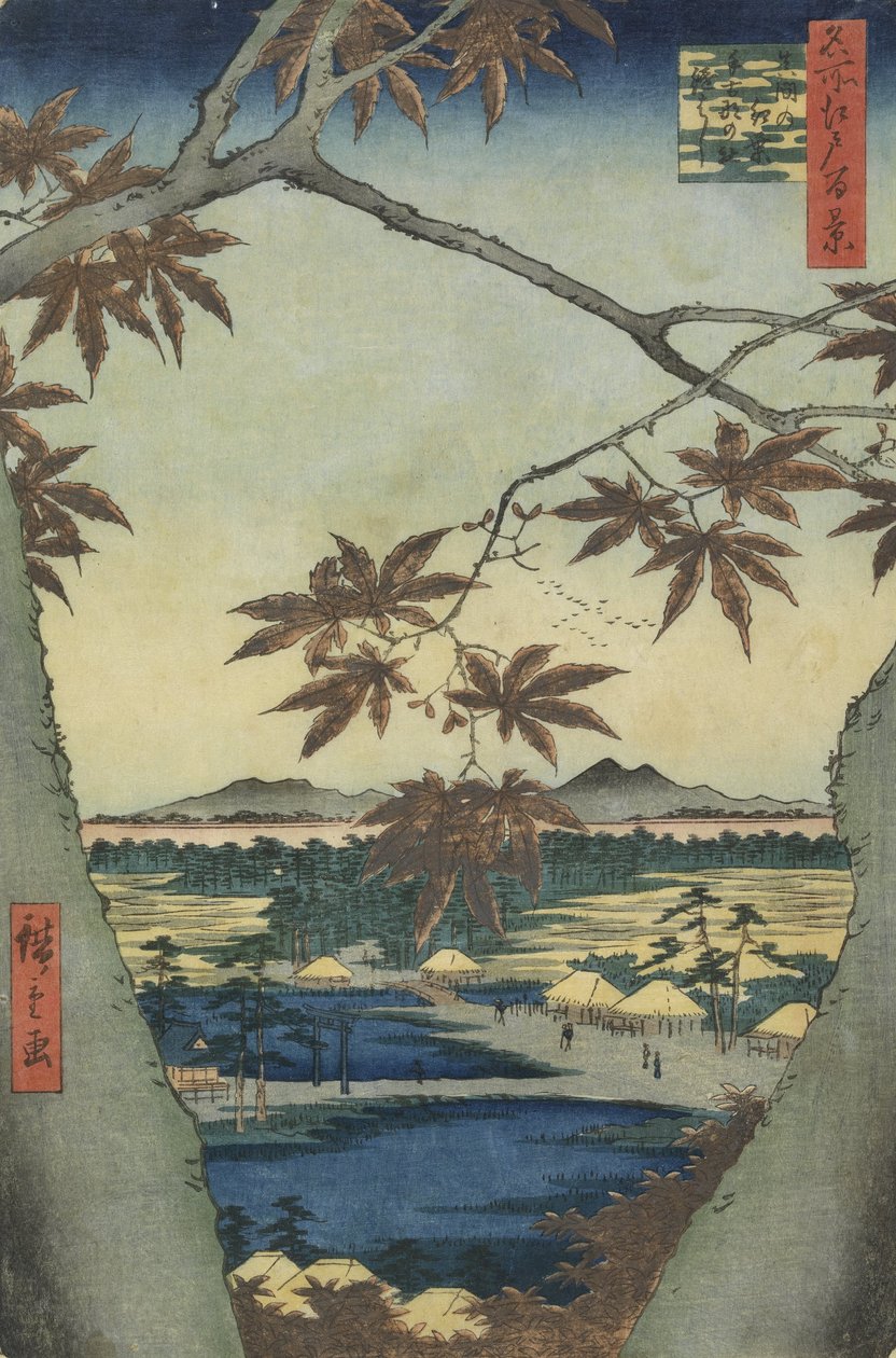 Liście klonu Mama, świątynia Tekona i most Tsugi autorstwa Utagawa Hiroshige