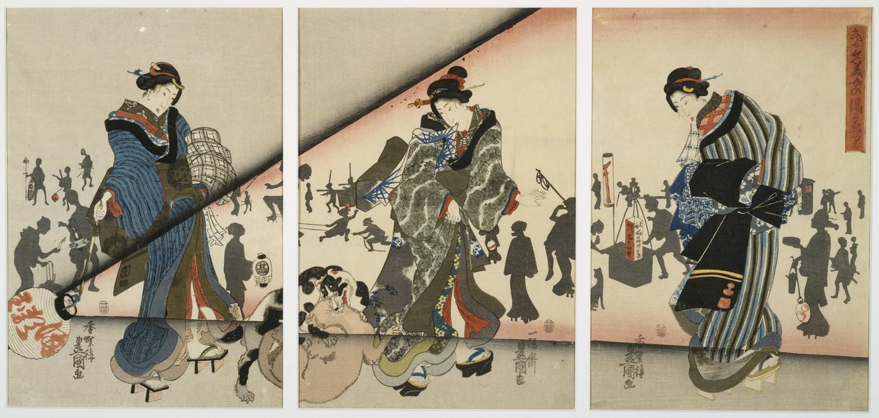 Scena nocna z dziewczynami, zwierzętami i lampionami, połowa XIX w. (drewnodruk, tryptyk) autorstwa Utagawa Kunisada