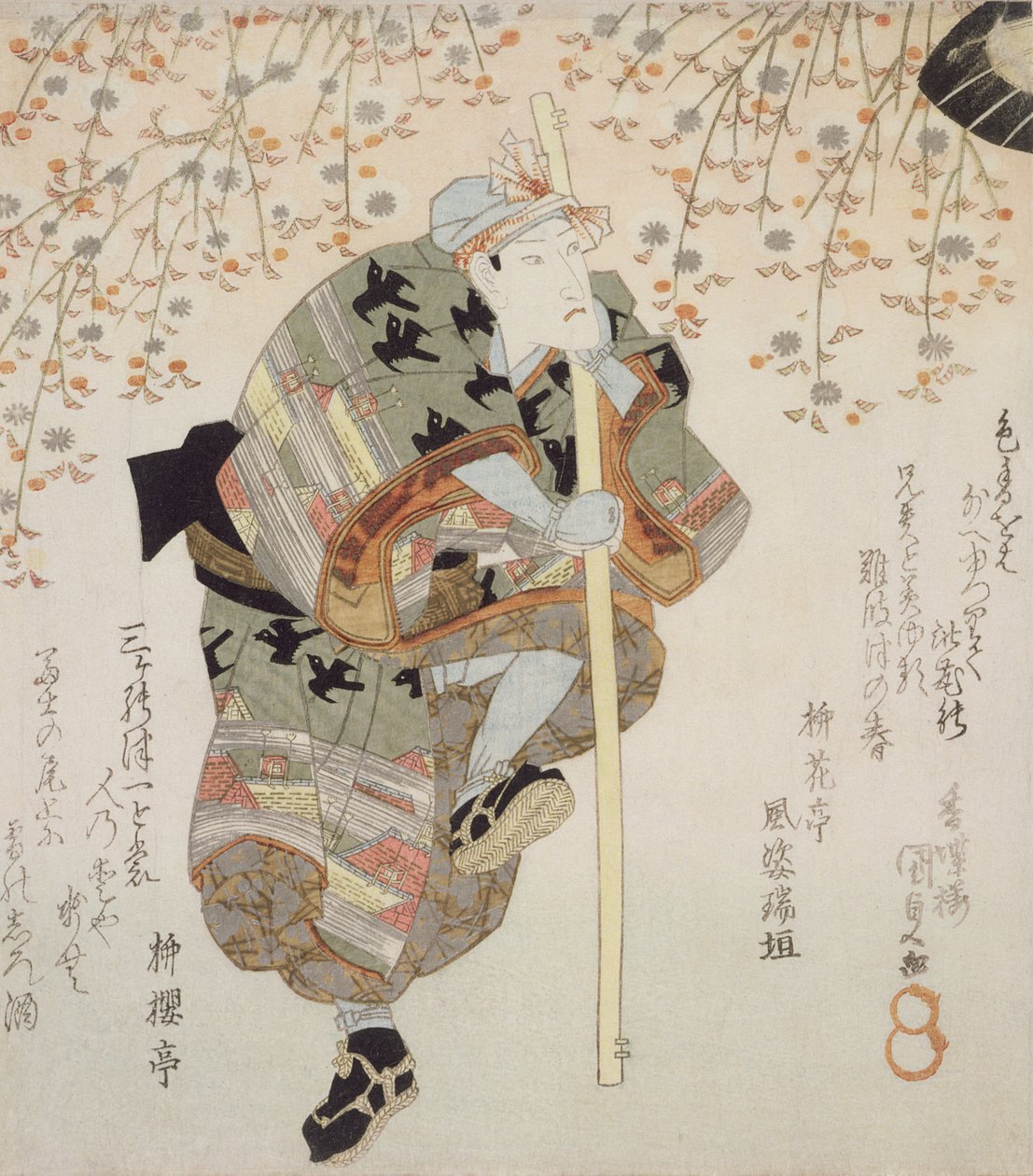 Onoe Kikugoro III jako Shimbei w Sukeroku yukari no Edo zakura, ok. 1830 (drzeworyt kolorowany) autorstwa Utagawa Kunisada