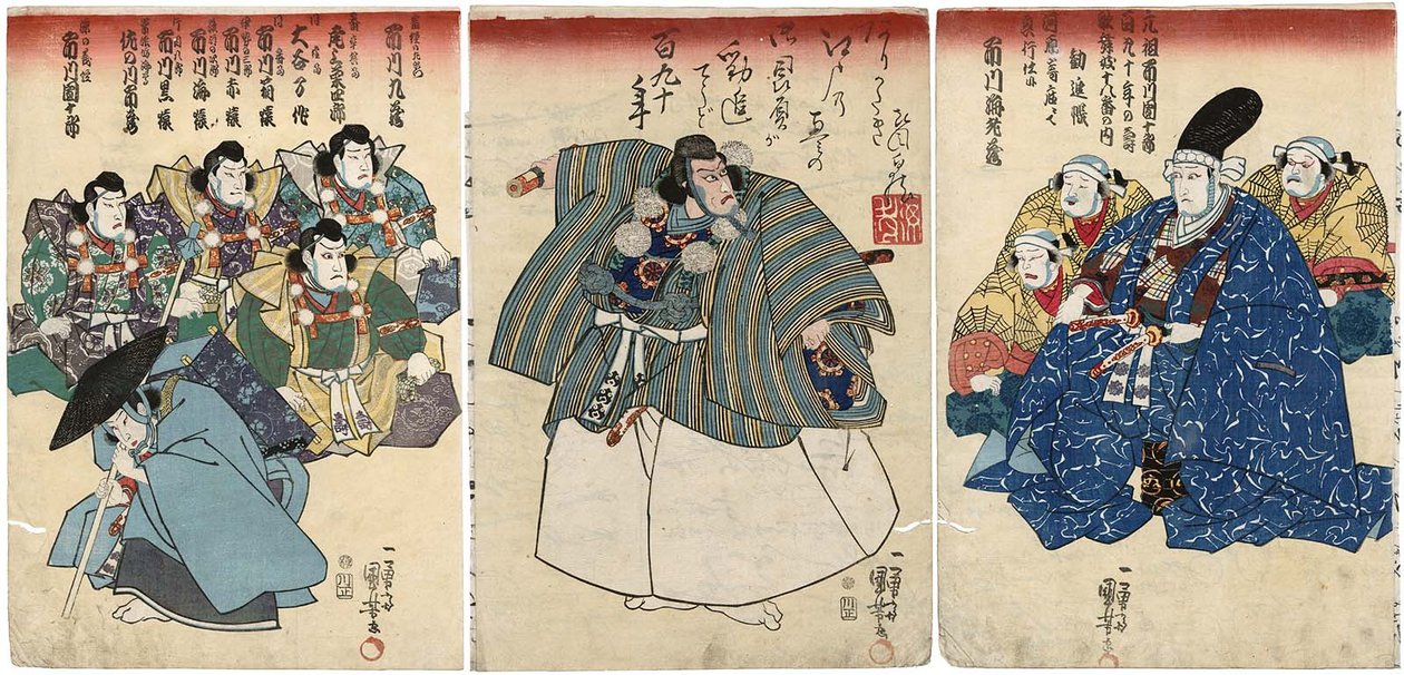  Aktorzy w Kanjincho: Ichikawa Kuzo II jako Togashi no Saemon R, Ichikawa Ebizo V jako Musashibo Benkei C, Ichikawa Danjuro VIII jako Minamoto no Yoshitsune L autorstwa Utagawa Kuniyoshi