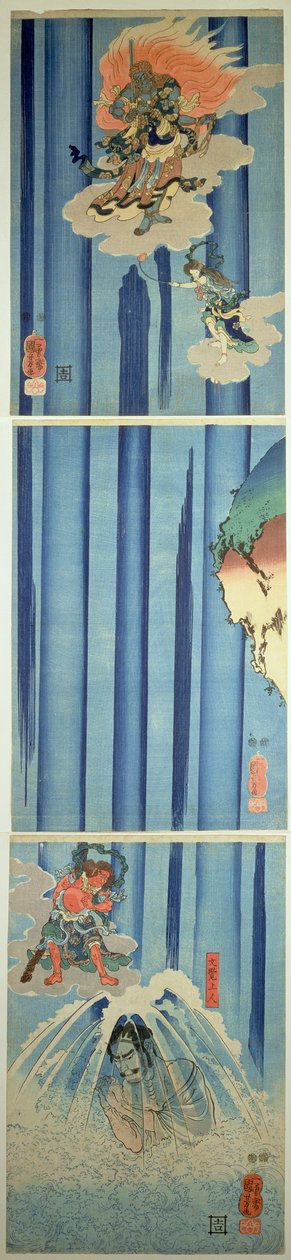 Mongaku Shonin pod wodospadem, c.1851 (pionowy tryptyk) autorstwa Utagawa Kuniyoshi