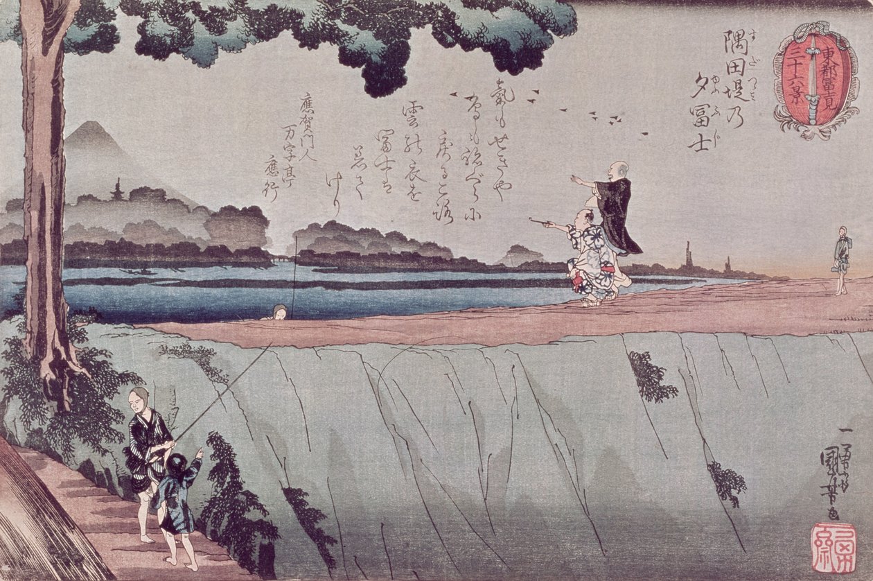 Góra Fuji z nabrzeża rzeki Sumida, jeden z widoków z Edo, ok. 1842 r. autorstwa Utagawa Kuniyoshi