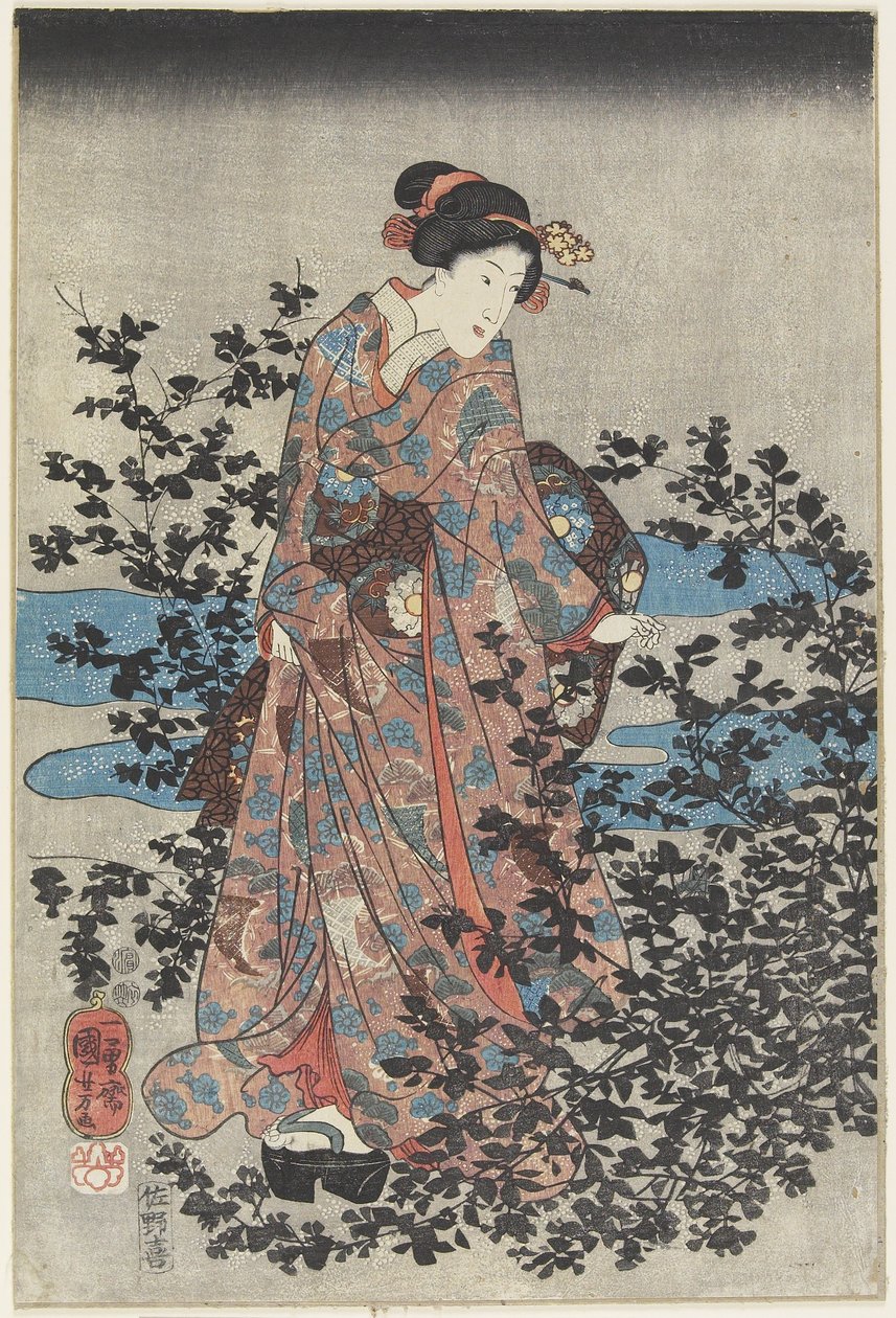 Scena nocna z piękną i krzewiastą koniczynką, 1847-1852 autorstwa Utagawa Kuniyoshi