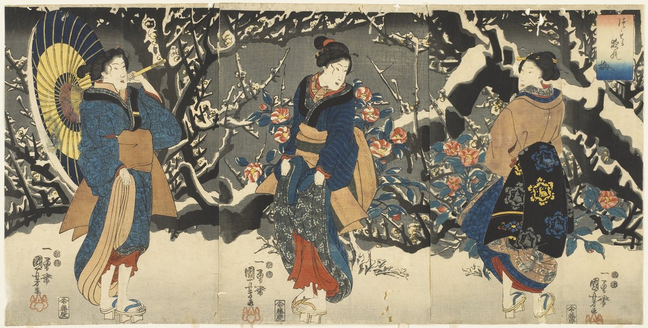 Kwiaty śliwy na tle wieczornego śniegu, 1847-1852 autorstwa Utagawa Kuniyoshi