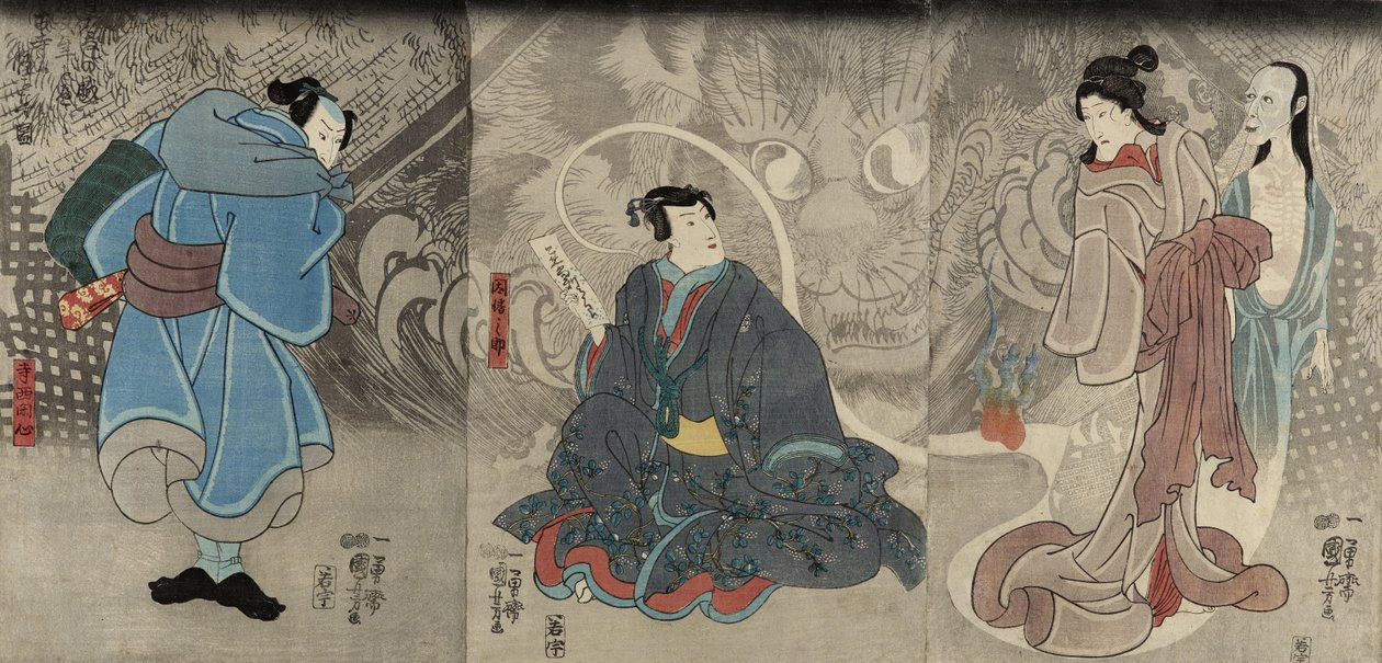 Scena z opowieści o duchach: Demon Kot Okazaki, 1847-48 (kolorowy drzeworyt) autorstwa Utagawa Kuniyoshi
