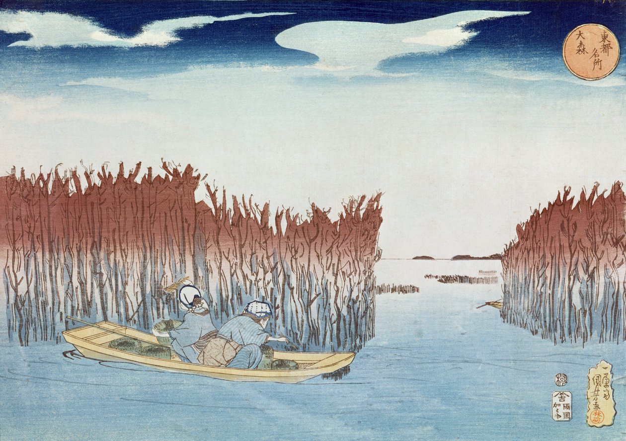 Zbieracze wodorostów w Omari, z cyklu „Słynne widoki na wschodnią stolicę”, wyd. Kagaya Kichibei, ok.1833, (kolorowy drzeworyt) autorstwa Utagawa Kuniyoshi