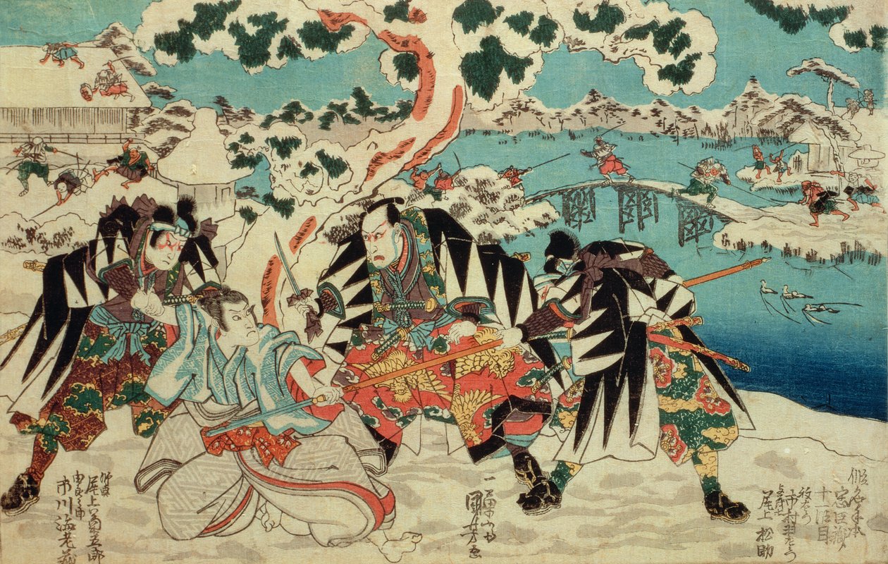 „Chushingura” (historia czterdziestu siedmiu roninów – samurajów bez pana); scena z II aktu ataku roninów na zamek Moronao, wyd. ok. 1854 (kolorowy drzeworyt) autorstwa Utagawa Kuniyoshi