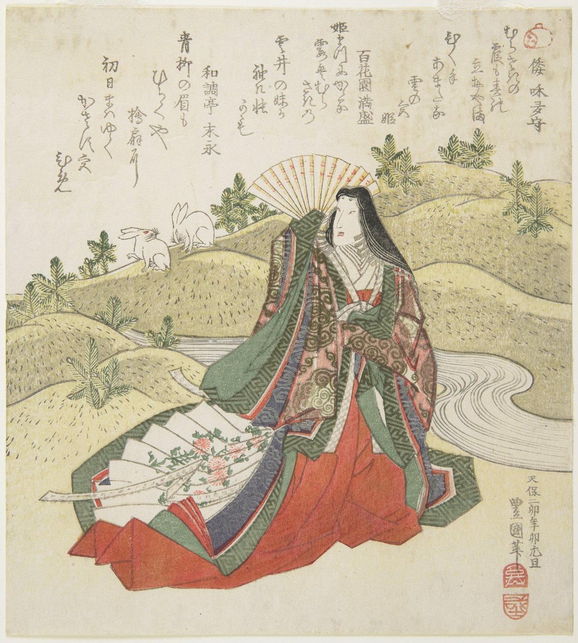 (Dwórka i dwa króliki), styczeń 1831 autorstwa Utagawa Toyokuni