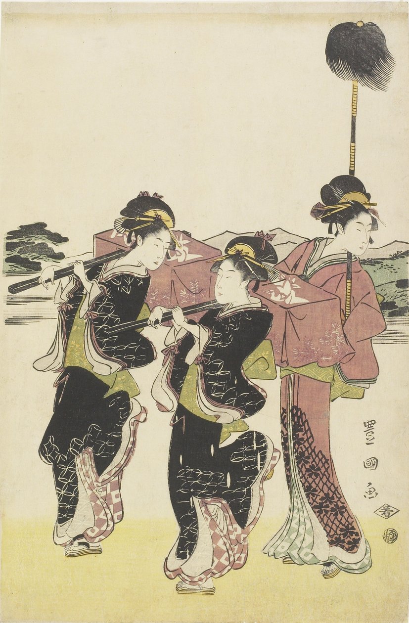 Oiran (wysokiej klasy kurtyzana) Podróżując jako mitate z procesji Daimyo, koniec XVIII-pocz. XIX wieku autorstwa Utagawa Toyokuni