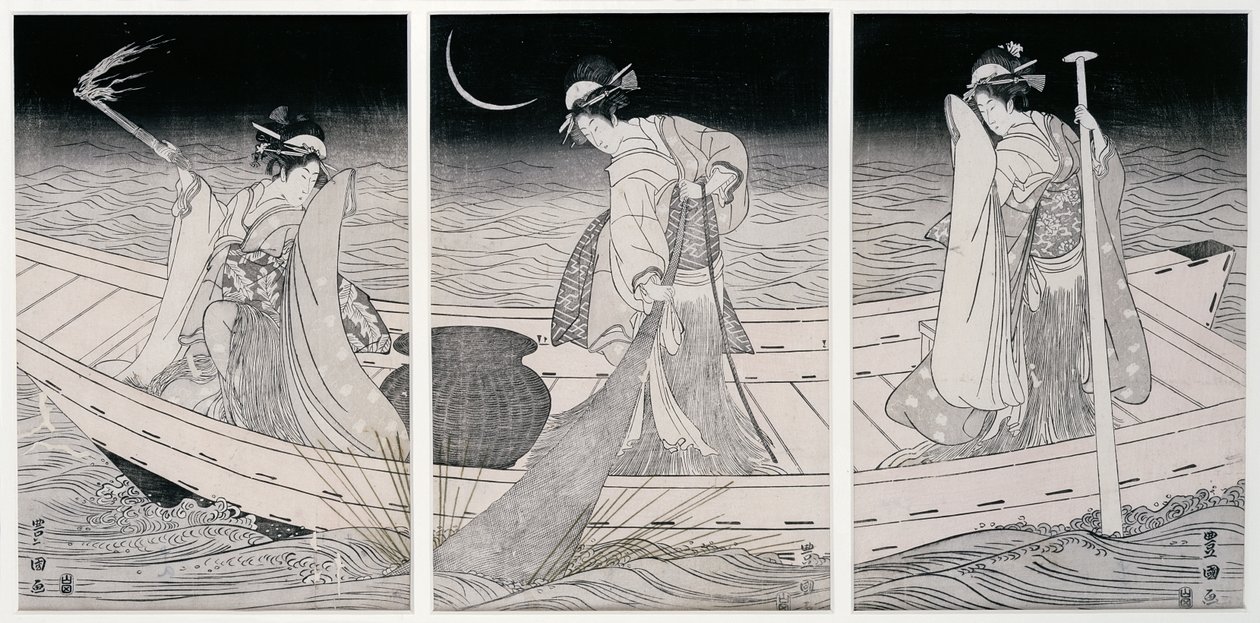 Trzy kobiety na łódce łowiące ryby przy świetle lampy (drewnodruk) autorstwa Utagawa Toyokuni