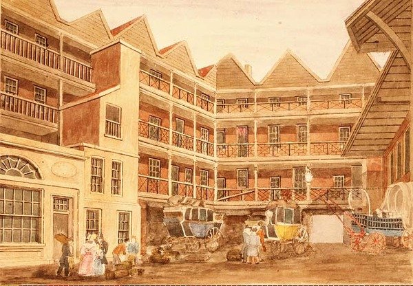 Bull and Mouth Inn Yard, ok. 1806 r. autorstwa Valentine Davis