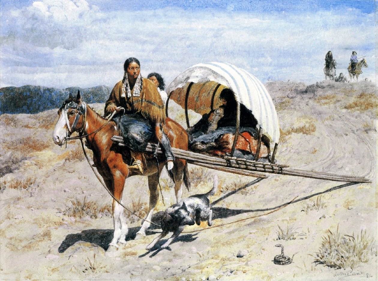 Indian Crow Family on the Trail, 1874 (wc, ouach i tusz na papierze) autorstwa Valentine Walter Lewis Bromley