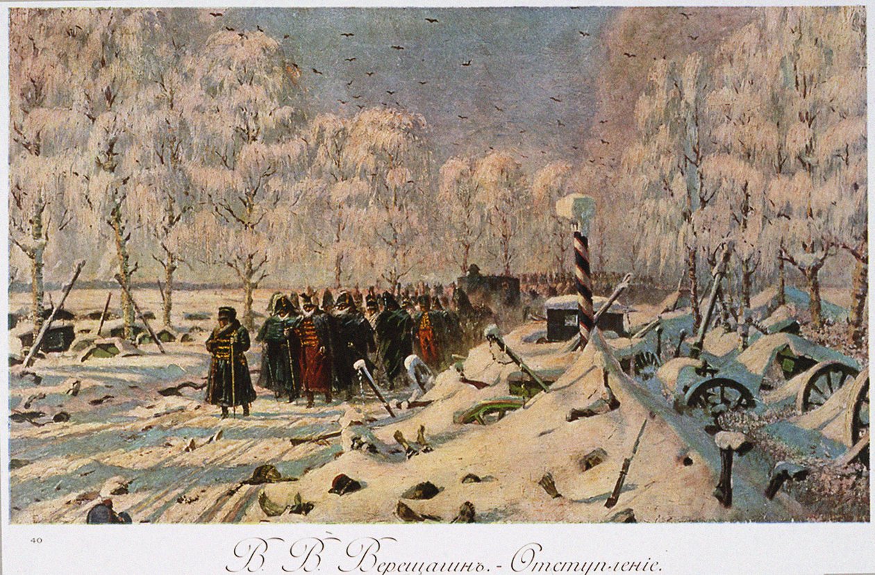 Odwrót Francuzów spod Moskwy w październiku 1812 r., ok. 1888-95 r. autorstwa Vasili Vasilievich Vereshchagin
