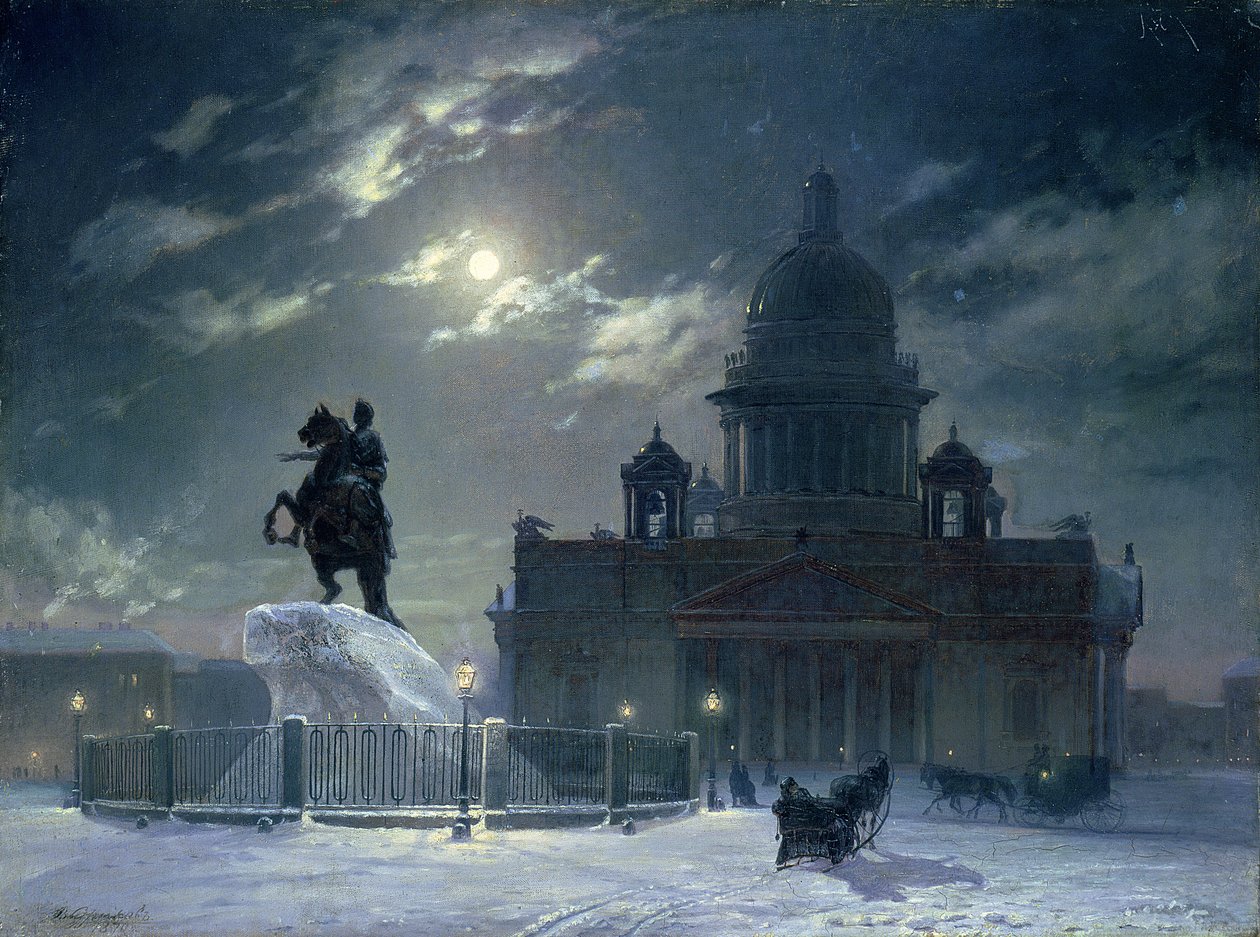 Widok na pomnik Piotra Wielkiego na Placu Senackim, Sankt Petersburg, 1870 r. autorstwa Vasilij Ivanovic Surikov