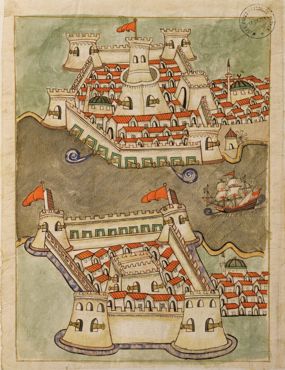 Ms. cicogna 1971, miniatura z „Memory Turchese” przedstawiająca fortece nad Bosforem autorstwa Venetian School