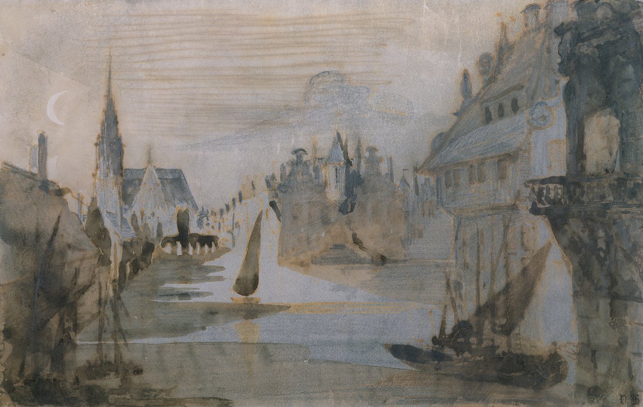 Port we Flandrii (pióro i atrament, ołówek i pranie na papierze) autorstwa Victor Hugo