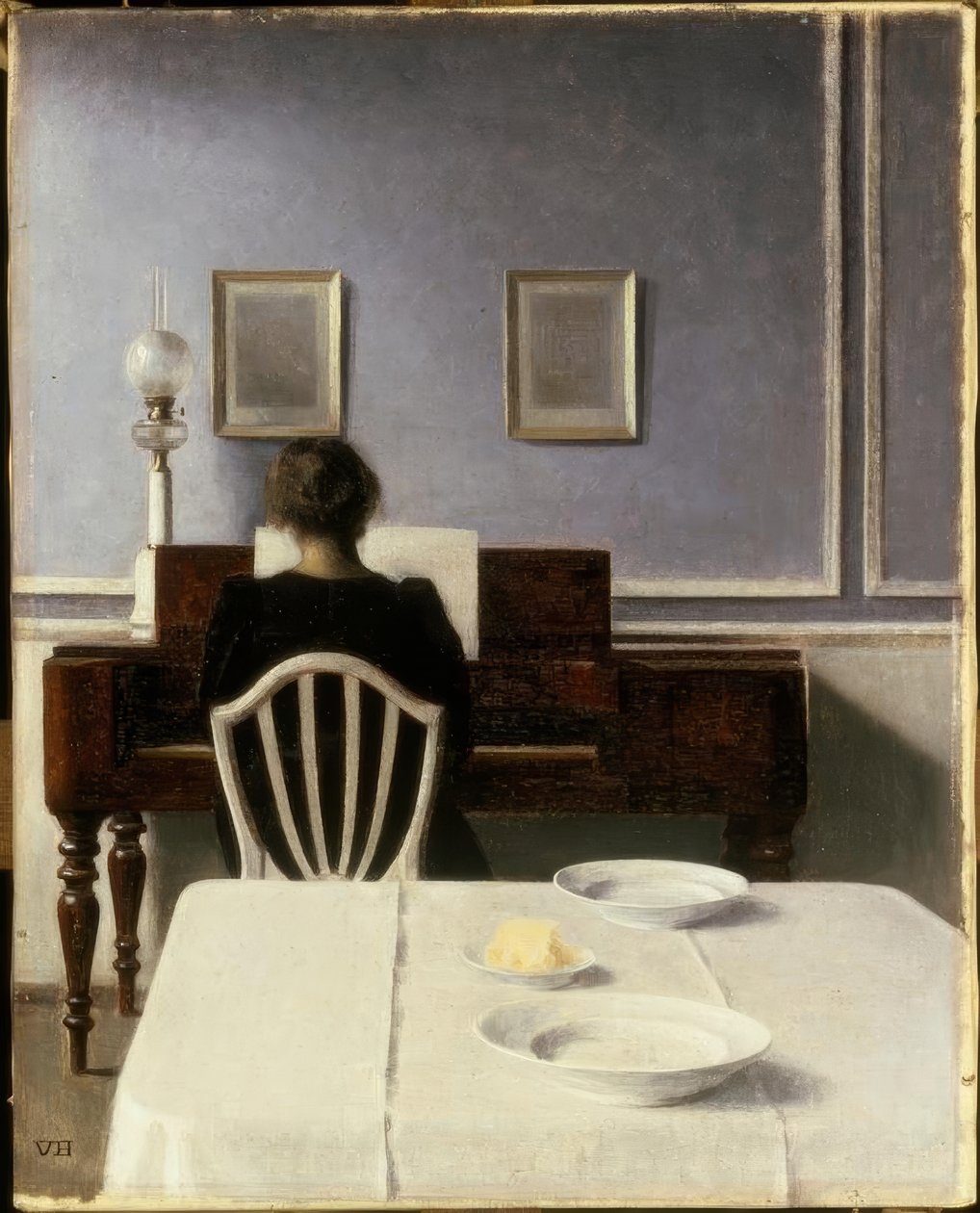 Wnętrze z młodą kobietą przy fortepianie autorstwa Vilhelm Hammershoi