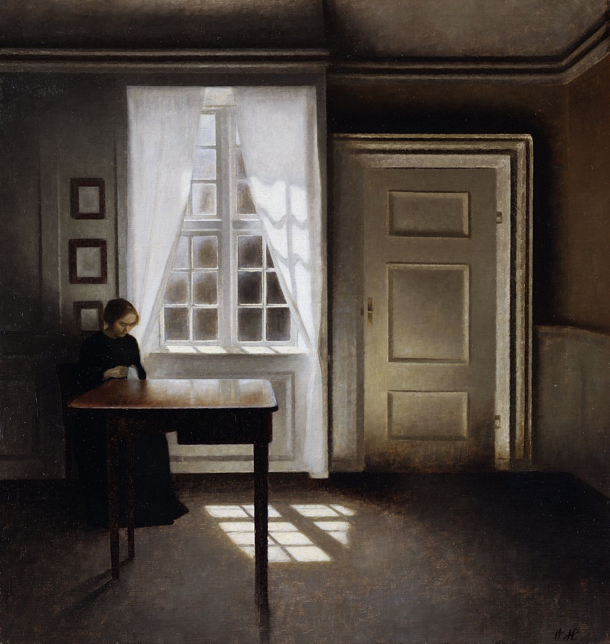 Kobieta szyjąca we wnętrzu autorstwa Vilhelm Hammershoi