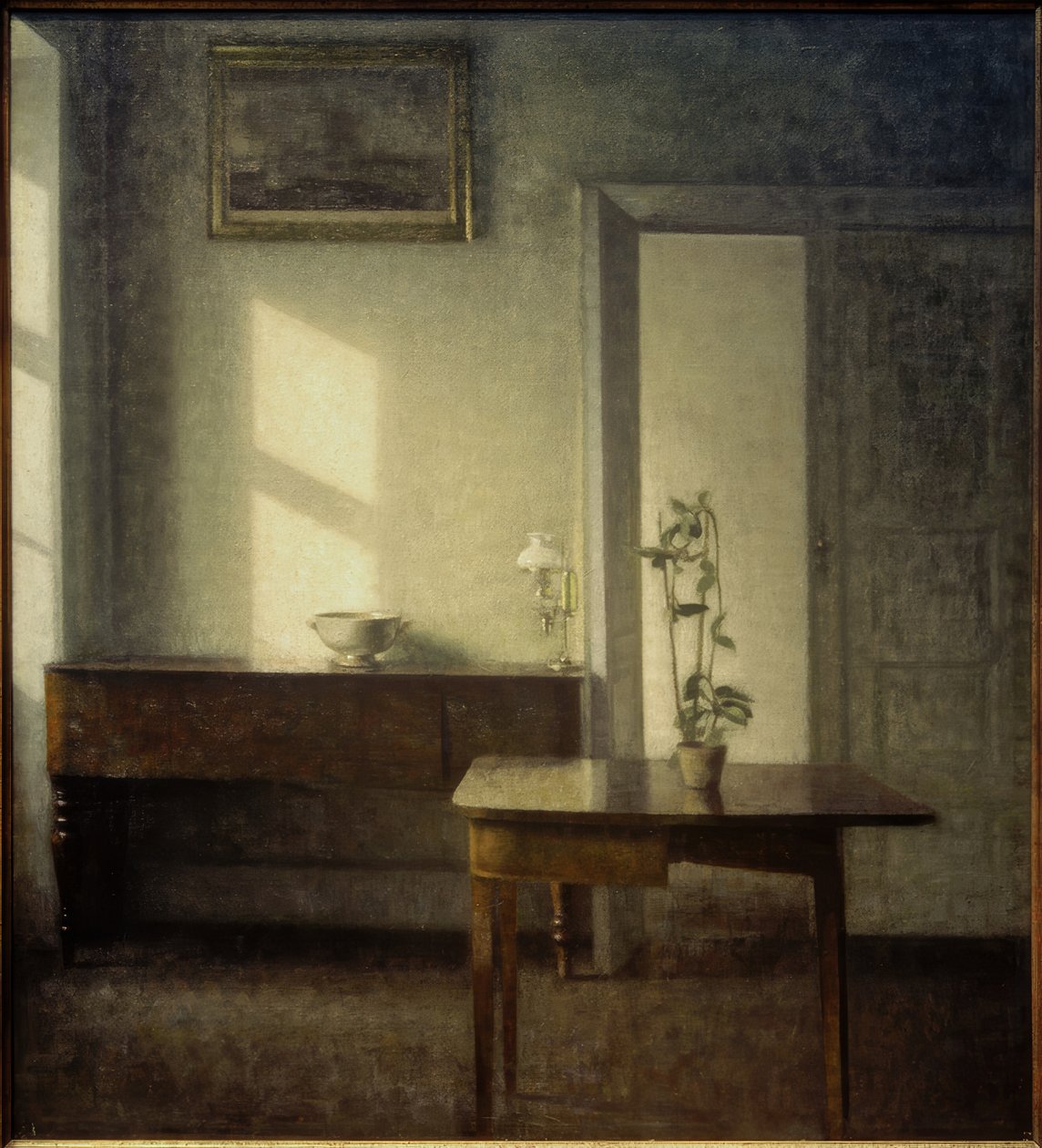Wnętrze z rośliną doniczkową autorstwa Vilhelm Hammershoi