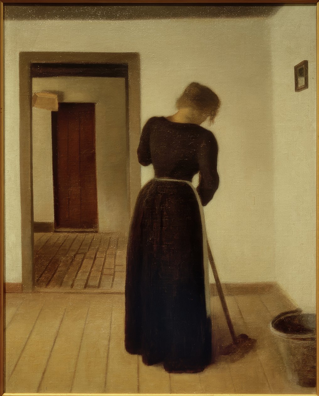 Wnętrze z młodą kobietą zamiatającą autorstwa Vilhelm Hammershoi