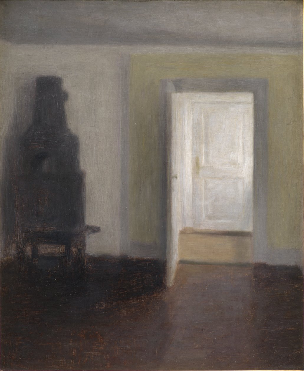 Wnętrze ze starym piecem autorstwa Vilhelm Hammershoi