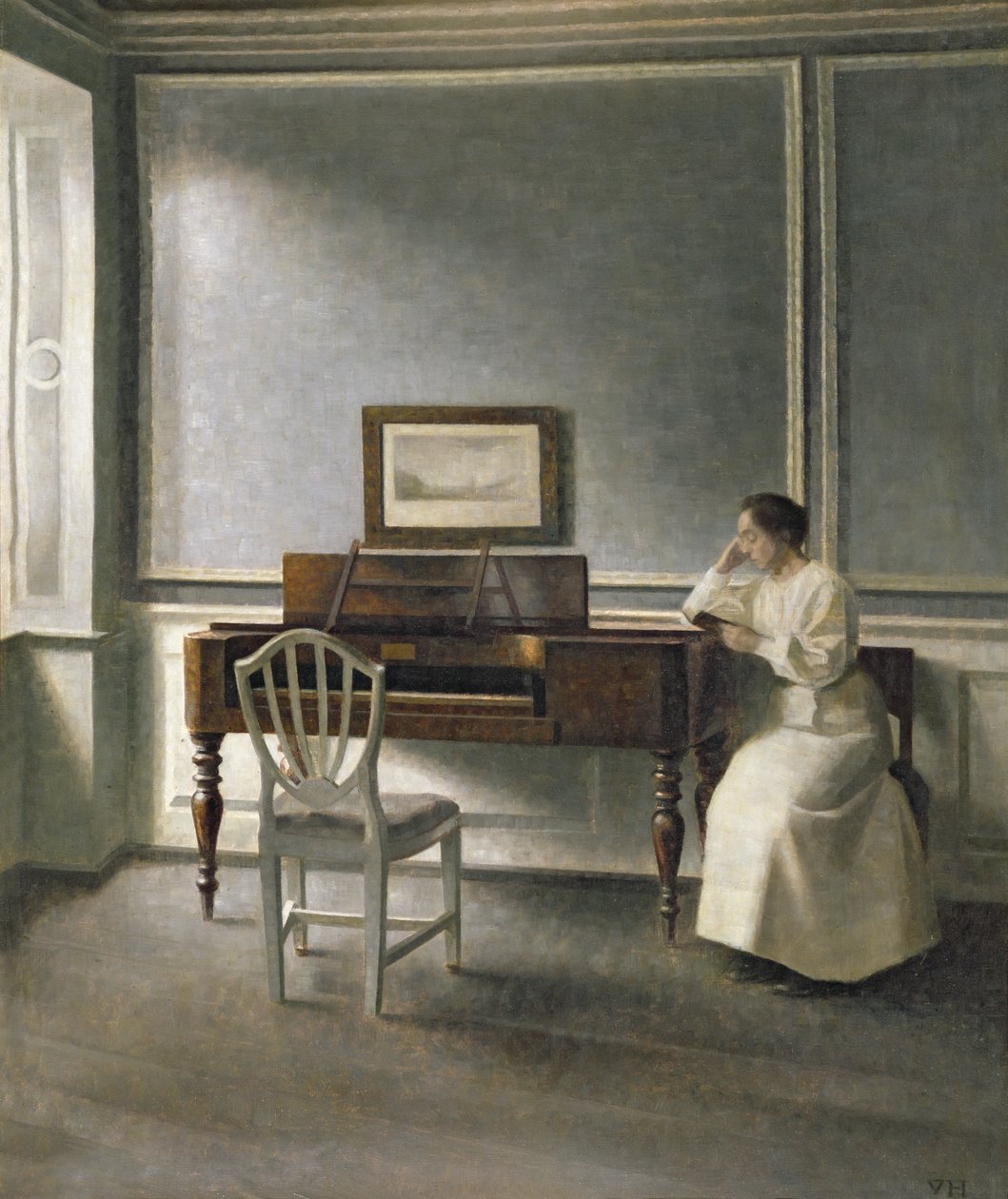 Kobieta czytająca przy fortepianie, 1907 autorstwa Vilhelm Hammershoi