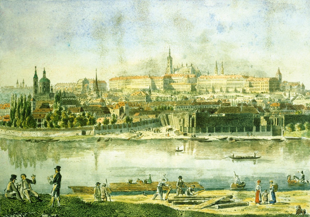 Zamek Praski i część Małej Strany, 1825 (akwaforta barwna) autorstwa Vincenc Morstadt