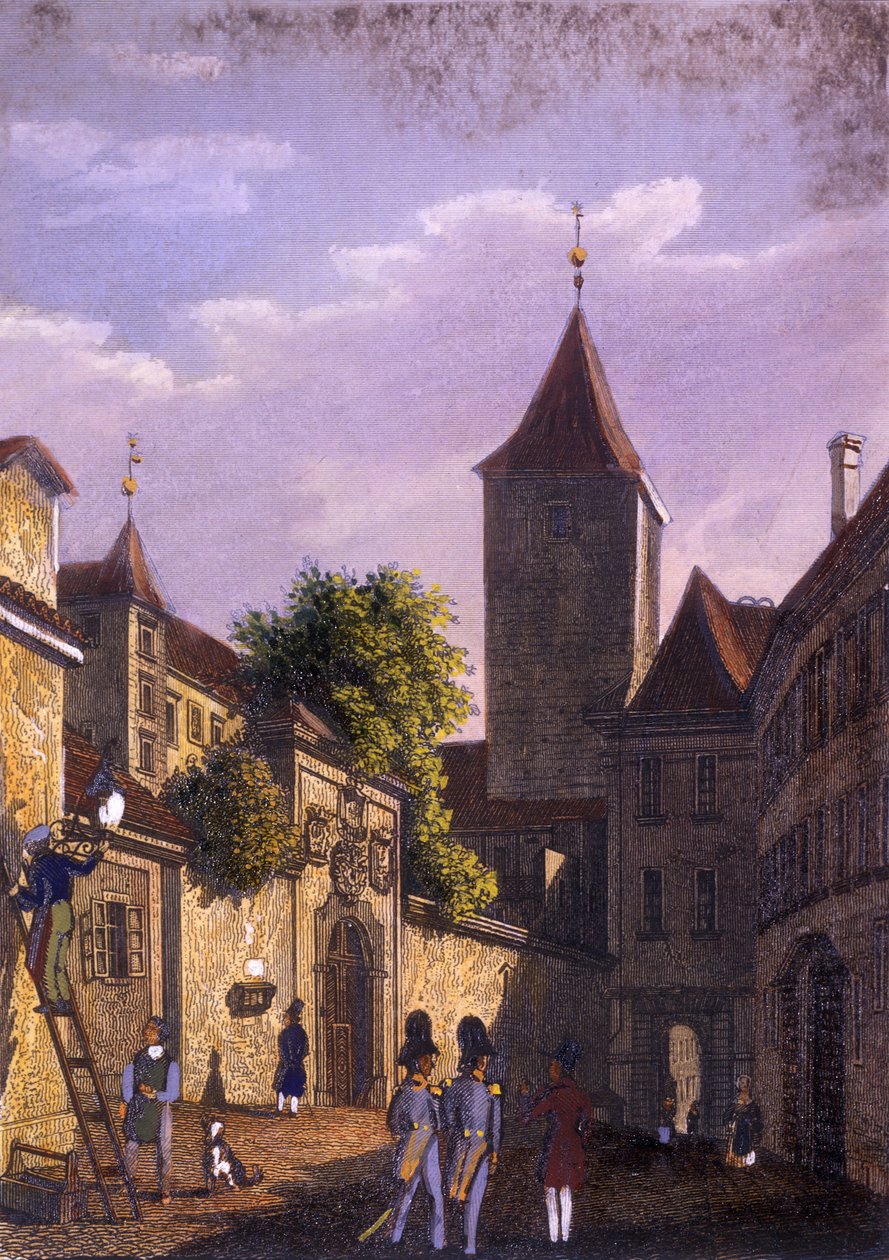 Pałac Starego Burgrabiego, 1847 (kolorowa staloryt) autorstwa Vincenc Morstadt