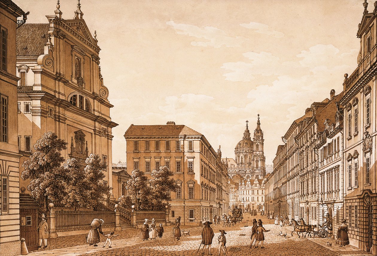 Widok ulicy Karmelitská w kierunku kościoła św. Mikołaja w Pradze (pióro i atrament z wc na papierze) autorstwa Vincenc Morstadt