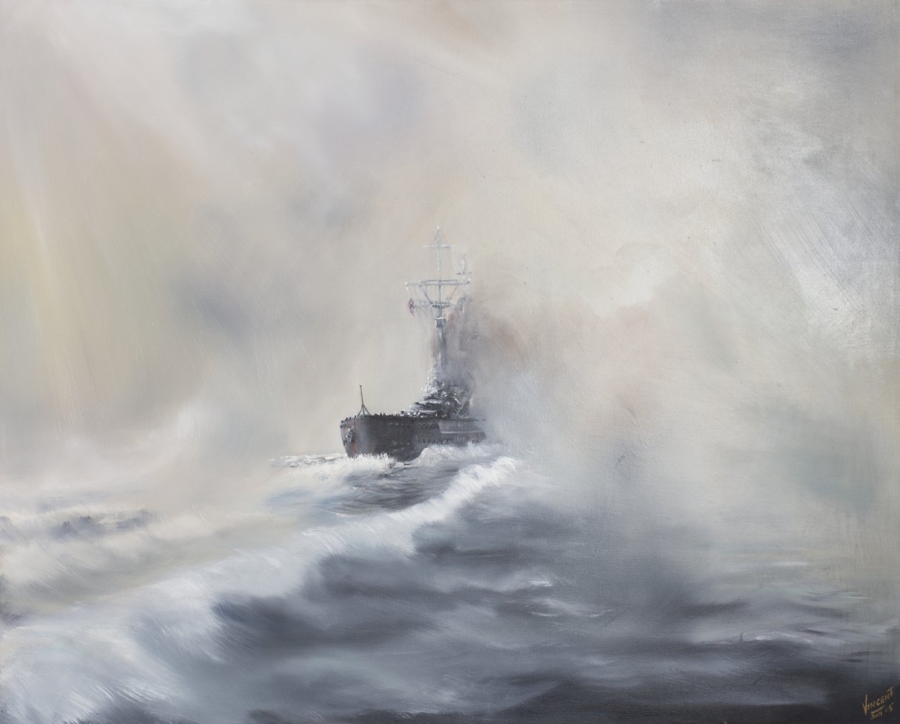 Bismarck wymyka się jej prześladowcom 25 maja 1941, 2005, (olej na płótnie) autorstwa Vincent Alexander Booth
