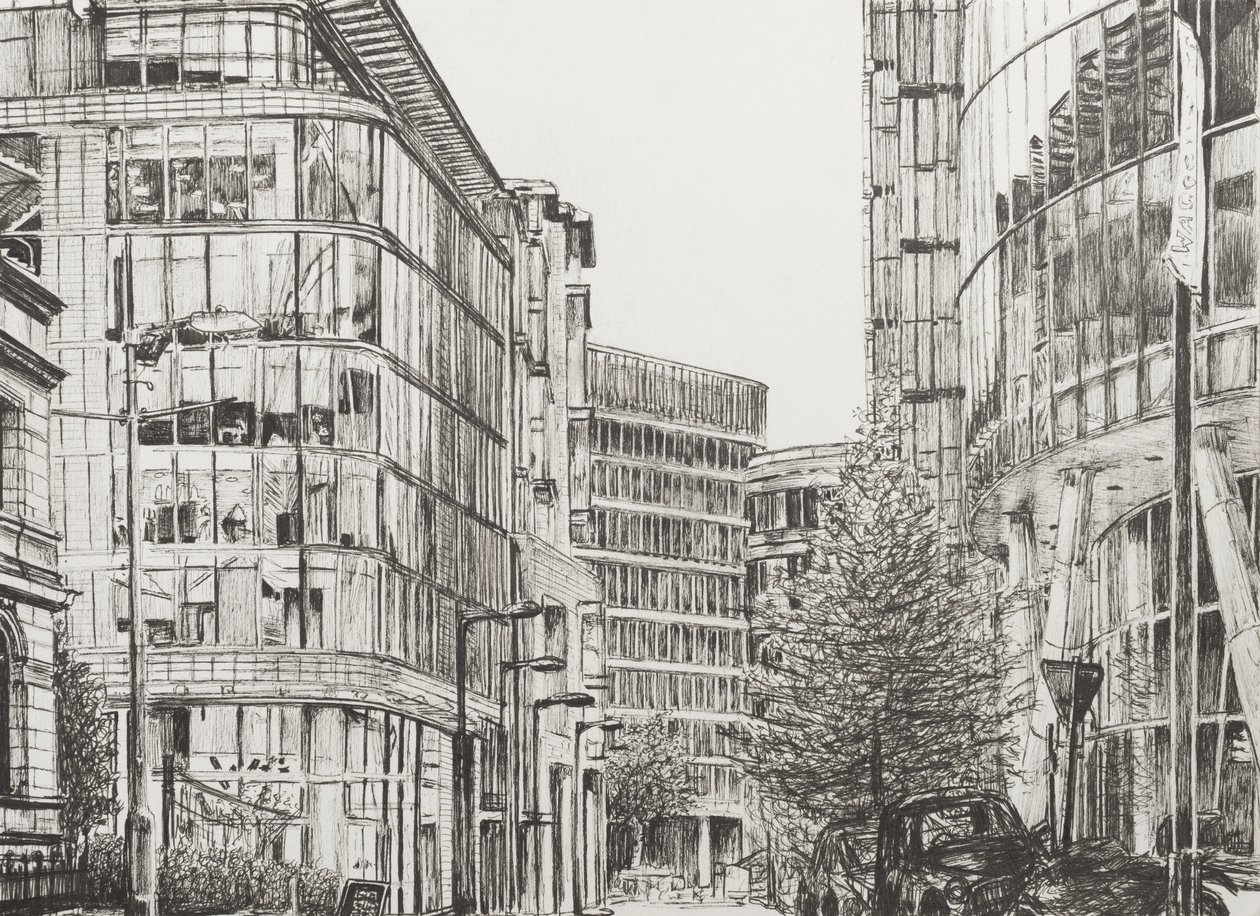 Manchester, Deansgate, widok z kawiarni, 2010, (tusz na papierze) autorstwa Vincent Alexander Booth