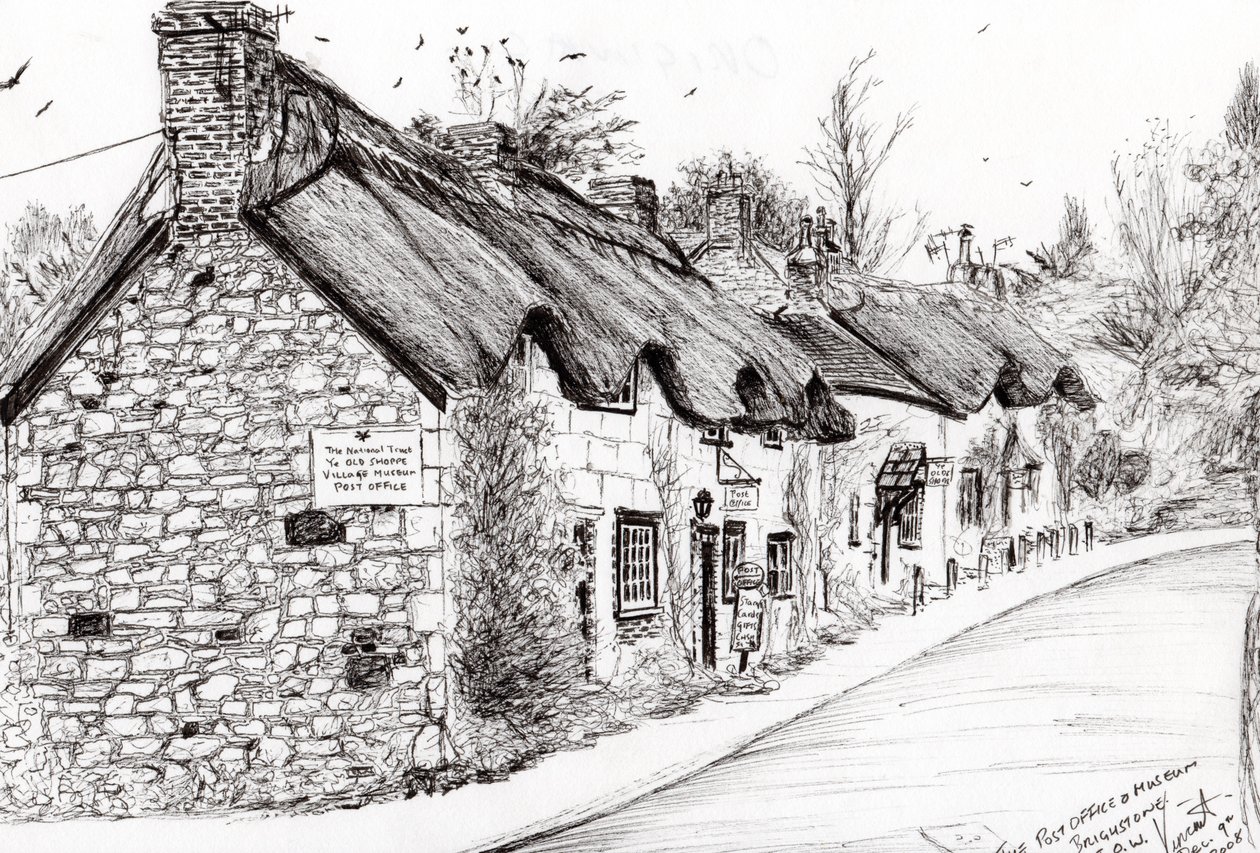 Poczta i muzeum Brightstone IOW, 2008, (tusz na papierze) autorstwa Vincent Alexander Booth