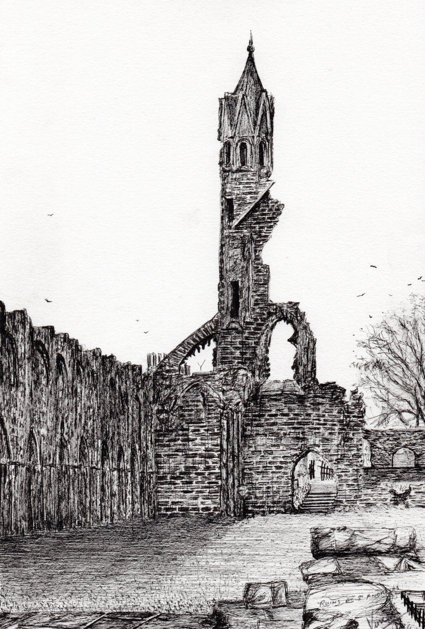 Ruiny w St.Andrews, 2006, (tusz na papierze) autorstwa Vincent Alexander Booth