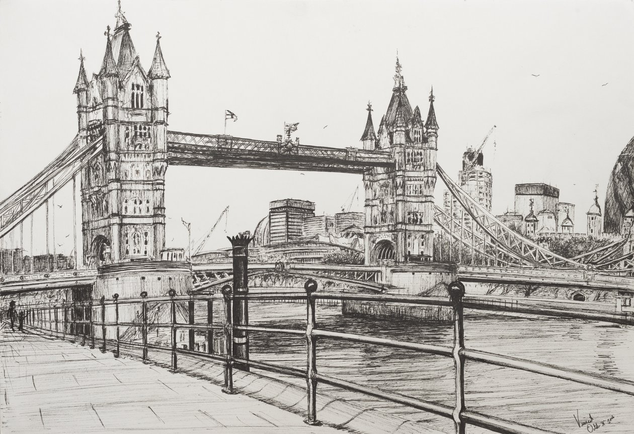 Tower Bridge London, 2006, (tusz na papierze) autorstwa Vincent Alexander Booth
