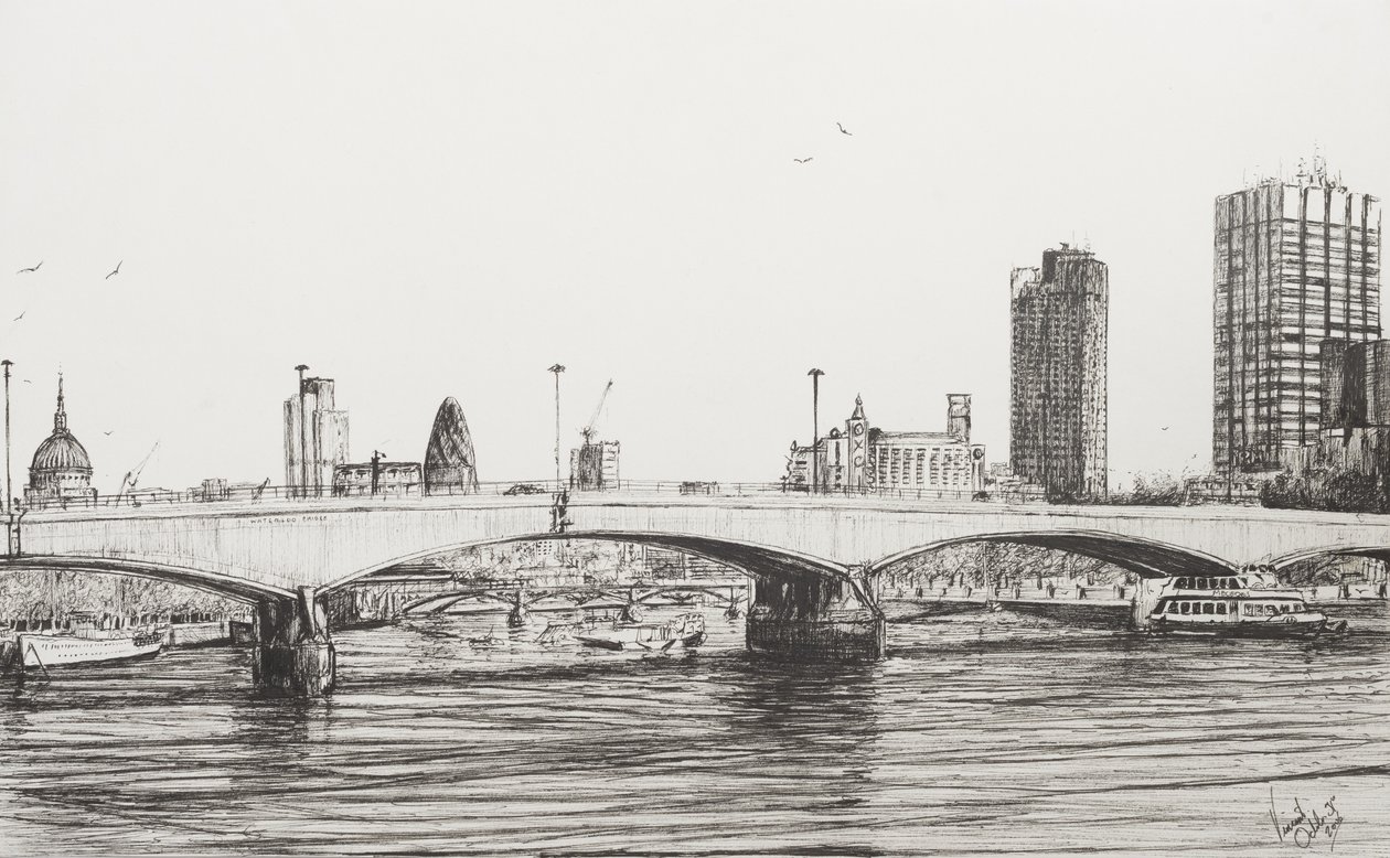 Waterloo Bridge Londyn, 2006, (tusz na papierze) autorstwa Vincent Alexander Booth