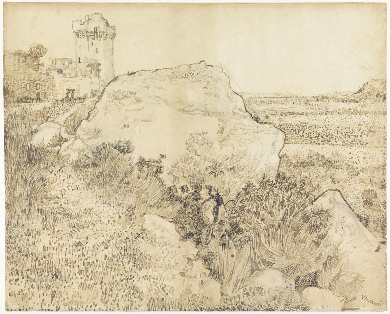Krajobraz w opactwie Montmajour w Arles, 1888 (długopis na papierze) autorstwa Vincent van Gogh