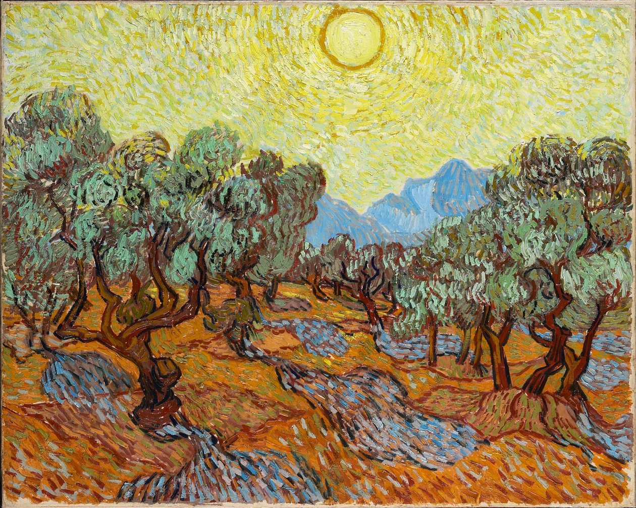 Drzewa oliwne z żółtym niebem i słońcem autorstwa Vincent van Gogh