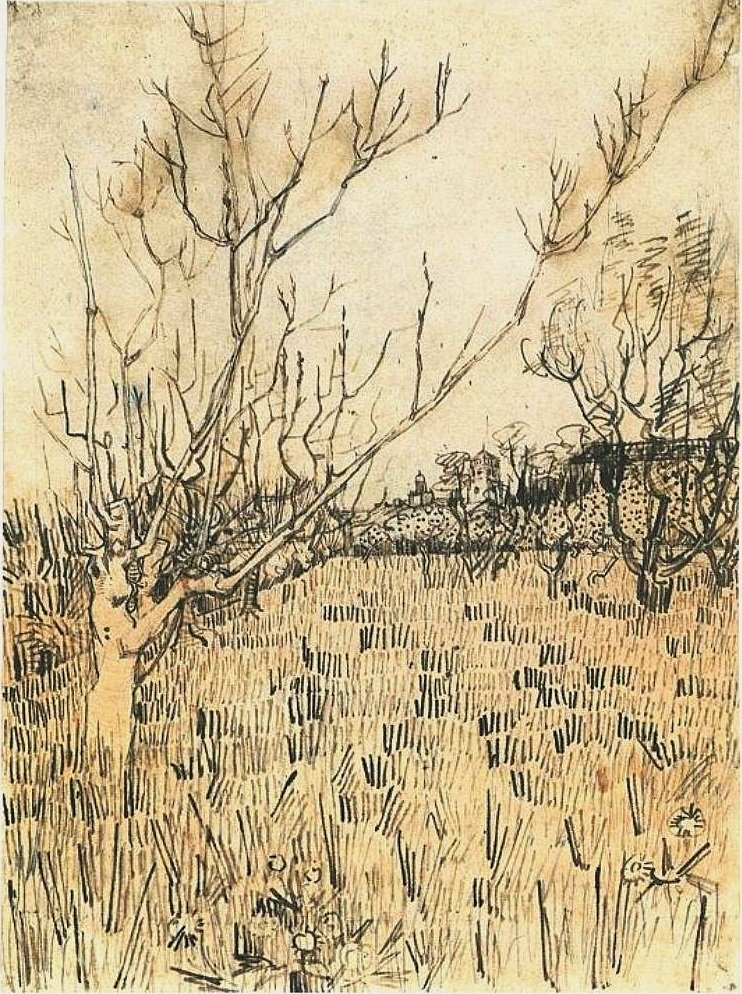 Sad z Arles w tle autorstwa Vincent van Gogh