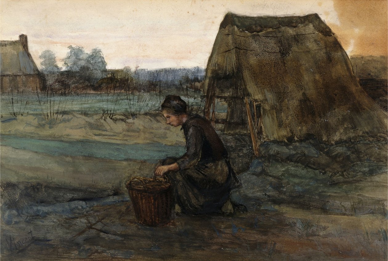 Chłopka klęczy przed chatą autorstwa Vincent van Gogh