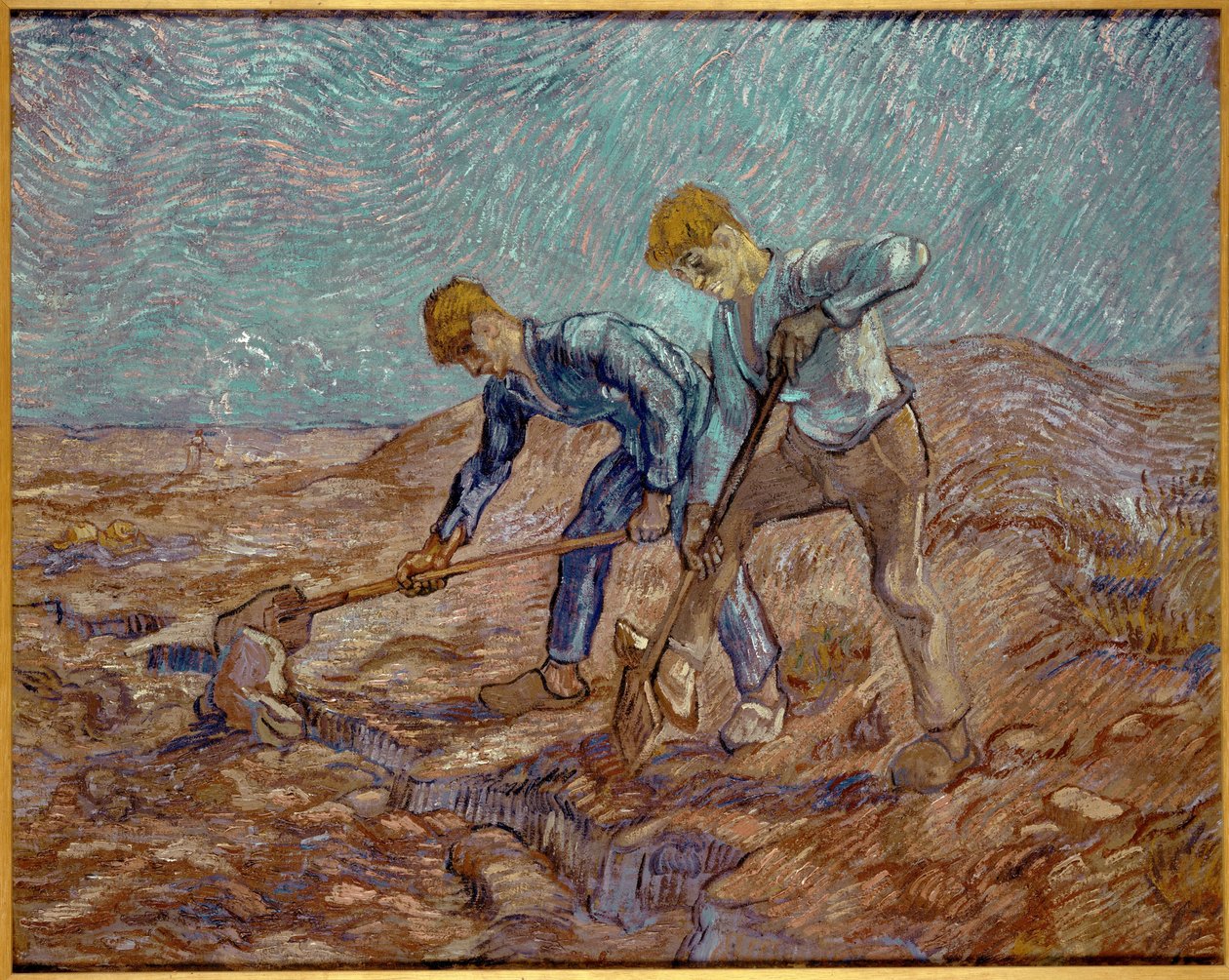 Dwóch chłopów kopiących po prosie, 1889. autorstwa Vincent van Gogh