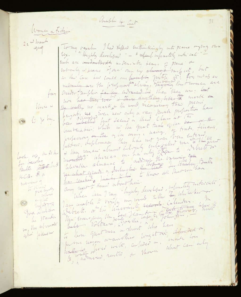 Ms 1-1942, s.91 Strona z Women in Fiction, wydana jako A Room of Ones Włas, 1929 (tusz na papierze) autorstwa Virginia Woolf