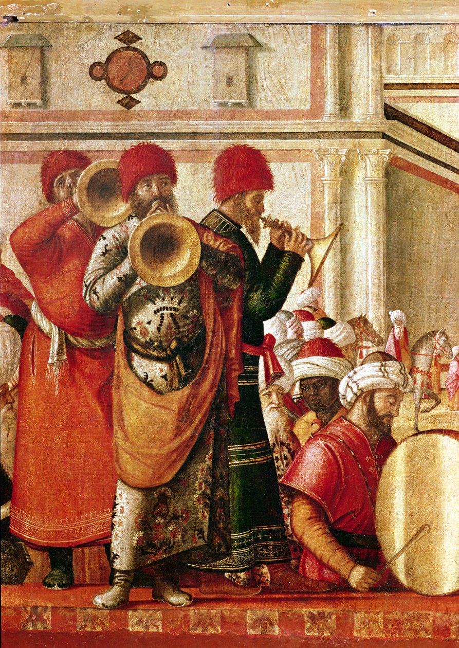 Św. Jerzy Baptising the Gentiles, fragment muzyków po lewej stronie, 1501-07 autorstwa Vittore Carpaccio