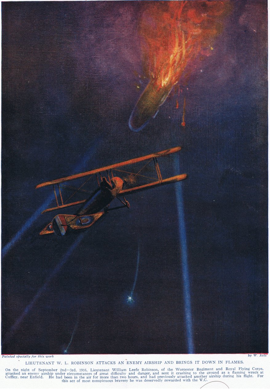 Porucznik W.L. Robinson atakuje wrogi statek powietrzny i sprowadza go na dół, ilustracja z „Czynów, które drżą Imperium”, opublikowanej przez Hutchinson und Co., ok. 1920 r. autorstwa W. Avis